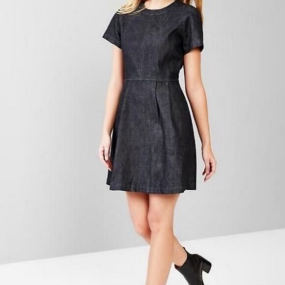 GAP Chambray Fit-and-Flare Dress Indigo Blue Cap Sleeves Pockets Mini Zip Back - Picture 1 of 11